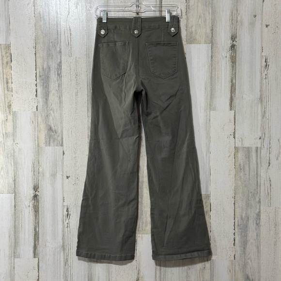 Revelation Denim Flare High Rise Button Dark Olive Wide Leg Jeans - Picture 9 of 14